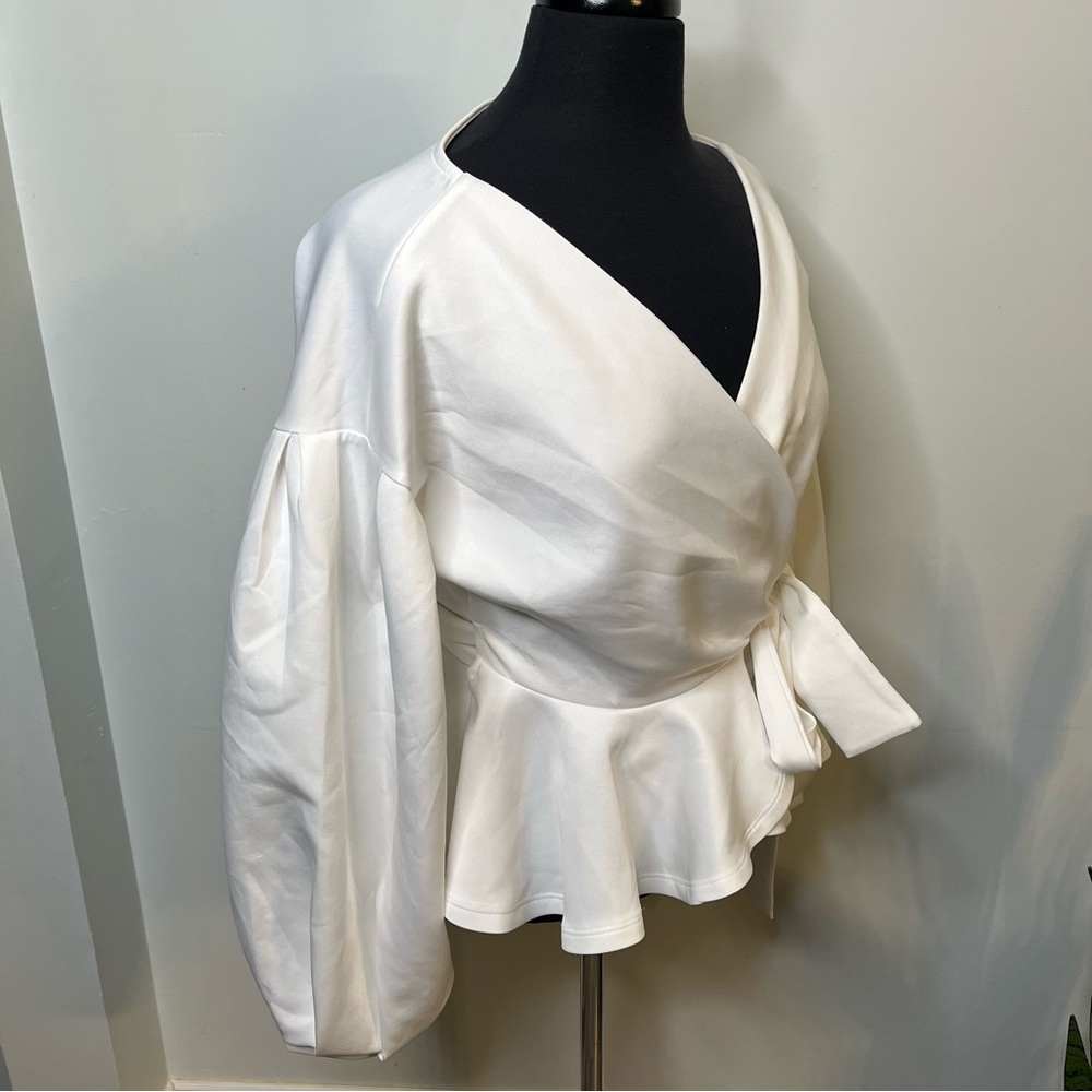 White Long Sleeve Bishop Sleeve Tie Waist Wrap Top/Blouse - Picture 2 of 11